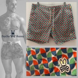 Psycho Bunny Blue and Red Swim Trunks with Elastic Waist